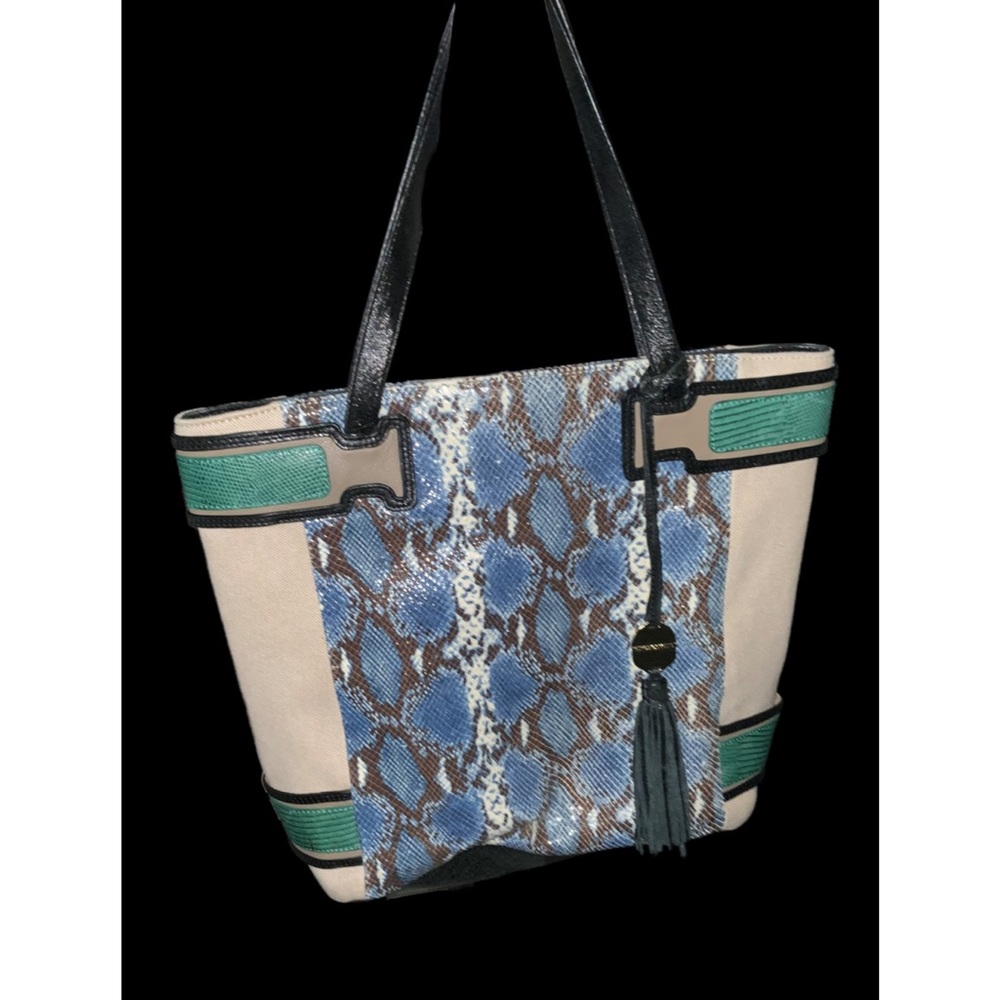 Vince Camuto Beige Tote with Blue Snake-Print Panel and Green Trim